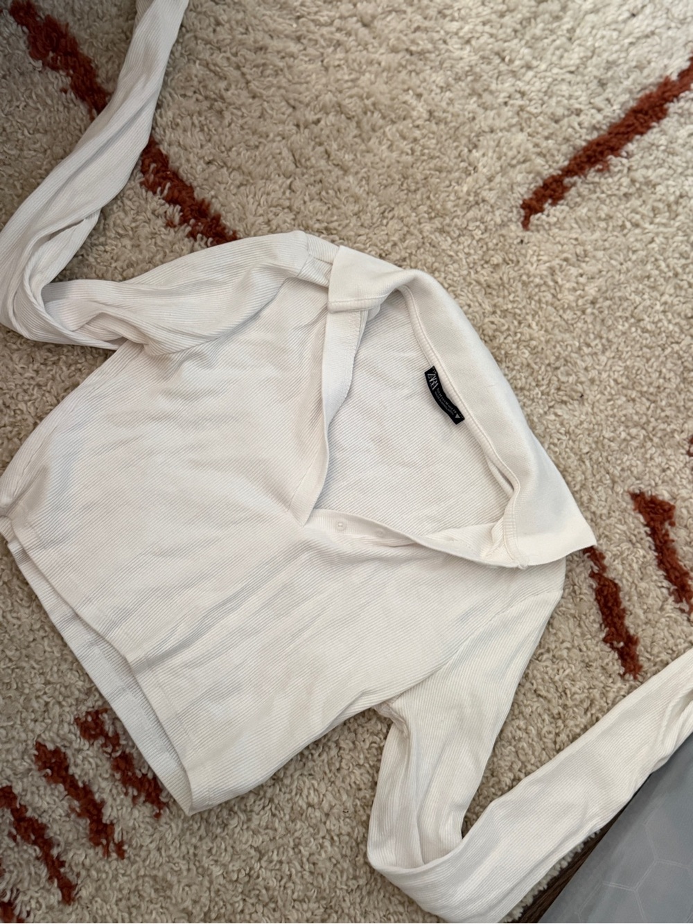 Zara Cream Ribbed Long-Sleeve Polo Top